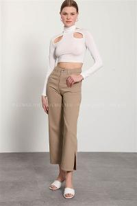 Beige Pool Neck Combed Fabric Unprinted Dresess