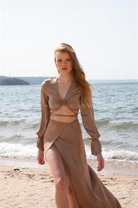 Camel Pool Neck Combed Fabric Unprinted Dresess