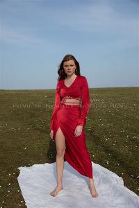 Red Pool Neck Combed Fabric Unprinted Dresess