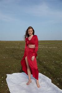 Red Pool Neck Combed Fabric Unprinted Dresess