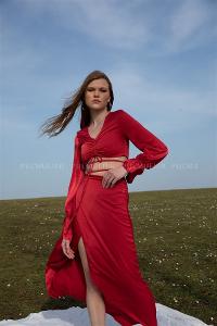 Red Pool Neck Combed Fabric Unprinted Dresess