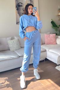 Light Blue Hood Neck Long Arm Without Accessories Cotton Elastic Trousers Comfortable Suit