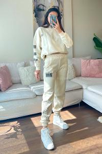 Cream Crew Neck Long Arm Without Accessories Cotton Elastic Trousers Comfortable Suit