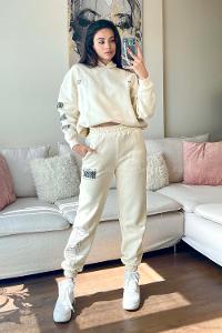Cream Crew Neck Long Arm Without Accessories Cotton Elastic Trousers Comfortable Suit