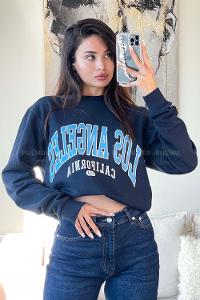 Navy Blue Crew Neck Long Arm Printed Sweatshirt