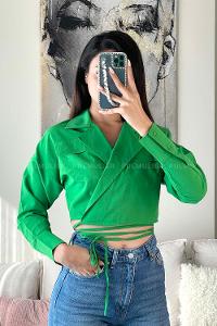 Green Lower V Neck Long Arm Poplin Fabric Unprinted Shirt