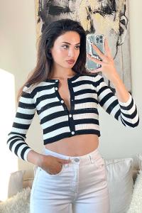 Black White Medium Crew Neck Long Arm Without Accessories Knitwear Unprinted Blouse
