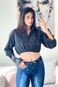 Black Lower V Neck Long Arm Poplin Fabric Unprinted Shirt