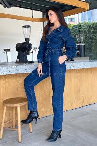 Dark Blue Shirt Collar Denim Unprinted Overalls