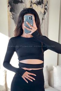 Black Normal Neck Long Arm Cotton Fabric Crop