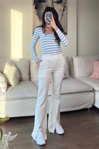 Ecru Flared Trousers Elastic Waist Regular Cut Bottom Tracksuit
