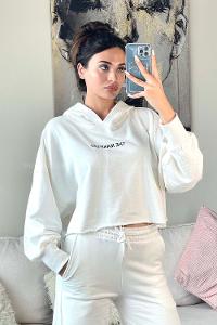 Ecru Crew Neck Balloon Sleeve Arm Unprinted Sweatshirt