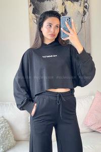 Black Crew Neck Balloon Sleeve Arm Unprinted Sweatshirt