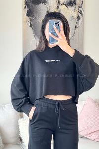 Black Crew Neck Balloon Sleeve Arm Unprinted Sweatshirt