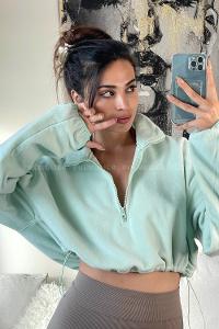 Water Green Normal Neck Short Arm Cotton Fabric Crop