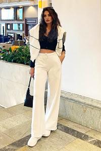 Ecru Flared Trousers Elastic Waist Regular Cut Bottom Tracksuit