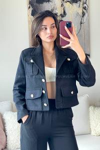Black Scoop Neck Long Arm Stamp Fabric Jacket
