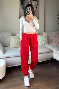 Red Elastic Trousers Elastic Waist Regular Cut Bottom Tracksuit