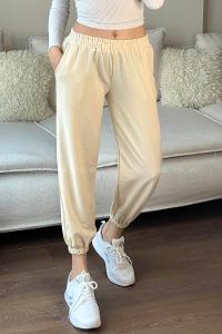 Cream Elastic Trousers Elastic Waist Regular Cut Bottom Tracksuit