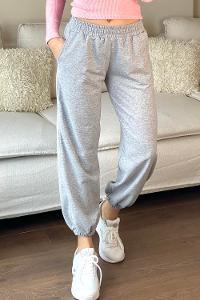 Gray Elastic Trousers Elastic Waist Regular Cut Bottom Tracksuit
