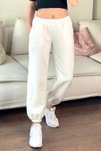 White Elastic Trousers Elastic Waist Regular Cut Bottom Tracksuit