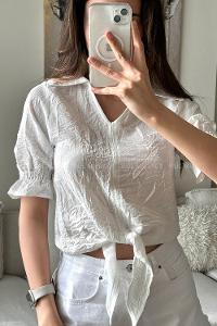 White V Neck Short Arm Without Accessories Cotton Fabric Unprinted Blouse