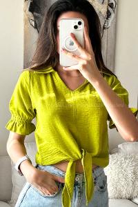 Pistachio Green V Neck Short Arm Without Accessories Cotton Fabric Unprinted Blouse