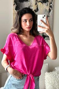 Fuchsia V Neck Short Arm Without Accessories Cotton Fabric Unprinted Blouse