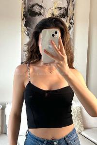 Black Normal Neck Sleeveless Arm Crepe Fabric Crop