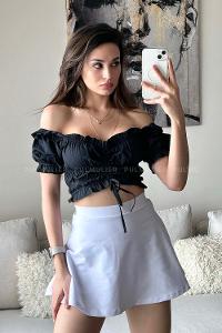 Black Scoop Neck Short Arm Without Accessories Cotton Fabric Unprinted Blouse