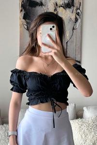 Black Scoop Neck Short Arm Without Accessories Cotton Fabric Unprinted Blouse