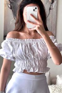 White Scoop Neck Short Arm Without Accessories Cotton Fabric Unprinted Blouse
