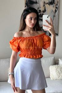 Orange Scoop Neck Short Arm Without Accessories Cotton Fabric Unprinted Blouse