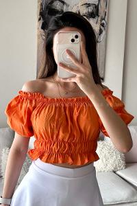 Orange Scoop Neck Short Arm Without Accessories Cotton Fabric Unprinted Blouse