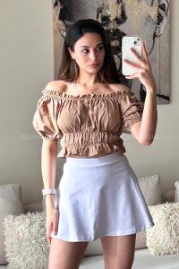 Soft Brown Scoop Neck Short Arm Without Accessories Cotton Fabric Unprinted Blouse