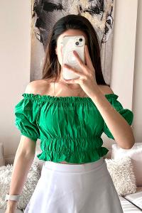 Green Scoop Neck Short Arm Without Accessories Cotton Fabric Unprinted Blouse