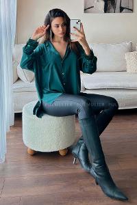 Green Shirt Collar Long Arm Poplin Fabric Unprinted Shirt