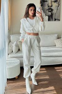 White Crew Neck Long Arm Without Accessories Cotton Elastic Trousers Comfortable Suit