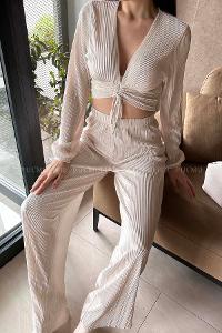 Cream V Neck Long Arm Without Accessories Cotton Fabric Regular Trousers Comfortable Suit