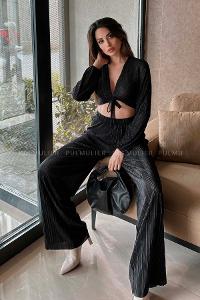 Black V Neck Long Arm Without Accessories Cotton Fabric Regular Trousers Comfortable Suit