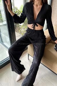 Black V Neck Long Arm Without Accessories Cotton Fabric Regular Trousers Comfortable Suit