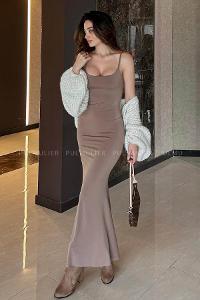 Soft Brown Scope Neck Knitwear Unprinted Dresess