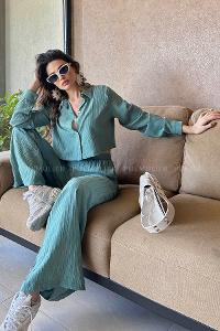 Plum Green Shirt Collar Long Arm Without Accessories Cotton Fabric Elastic Trousers Comfortable Suit