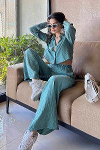 Plum Green Shirt Collar Long Arm Without Accessories Cotton Fabric Elastic Trousers Comfortable Suit