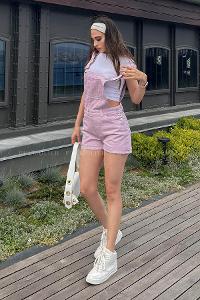 Lilac Shirt Collar Denim Unprinted Overalls