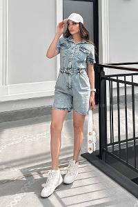 Light Blue Shirt Collar Denim Unprinted Overalls