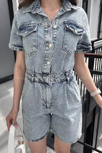 Light Blue Shirt Collar Denim Unprinted Overalls