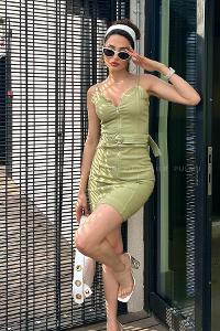 Khaki Scope Neck Knitwear Unprinted Dresess