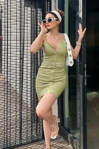 Khaki Scope Neck Knitwear Unprinted Dresess