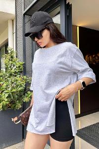 Gray Medium Crew Neck Short Arm Cotton Fabric Printed T-shirt